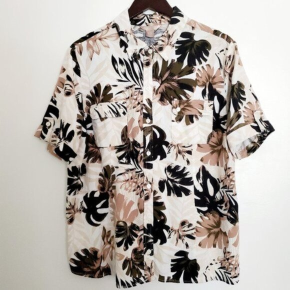 White Stag XL Hawaiian Foliage Print Button Front Short Sleeve Top - Picture 1 of 8